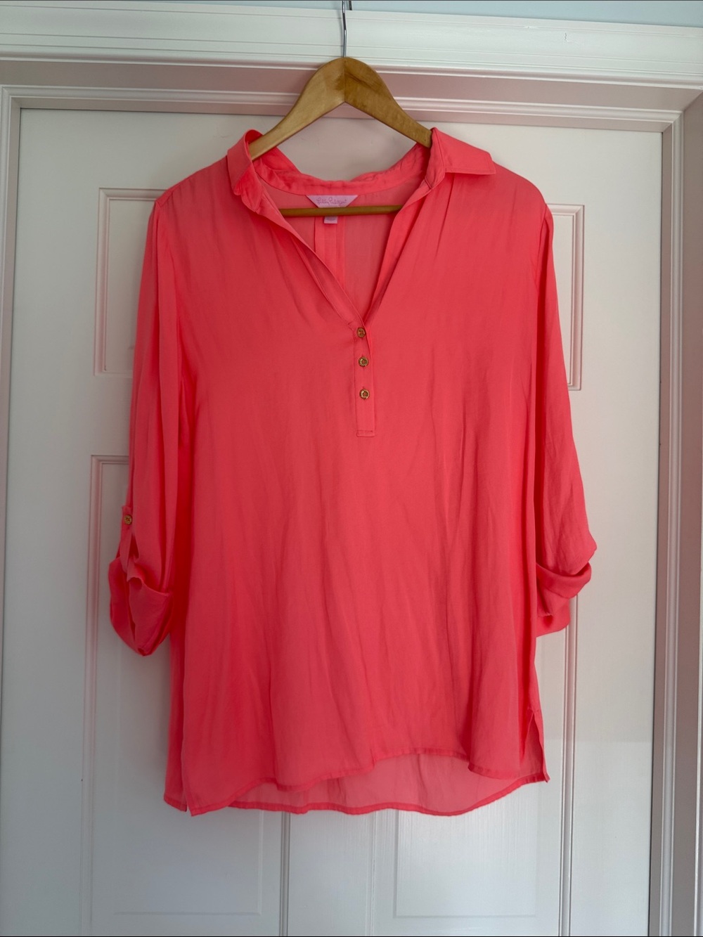 Women's Coral Roll-Sleeve Button Placket Blouse